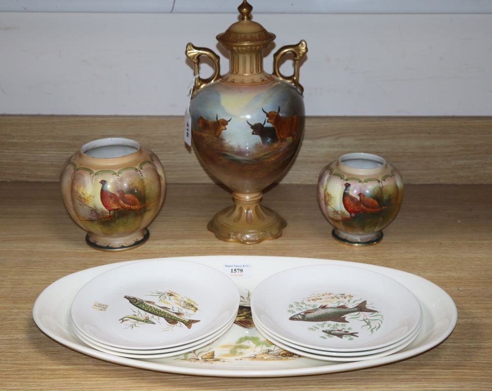 Three Crown Devon vases and a seven Crown Devon fish dishes